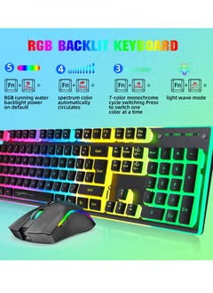 Wireless Mouse And Keyboard Set RGB Water Backlight Rechargeable Keyboard ABS Pudding Key Cap Automatic Hibernation Power Saving Mode 2.4G Wireless Transmission Technology(Black)