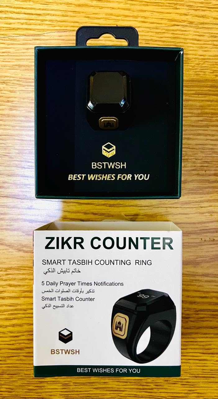 Male Ring, Smart Praise Meter, Islamic Ring, Ring Reminder, Islamic Prayer Time Reminder, LED Display, Bluetooth Connection, 18mm (Black)