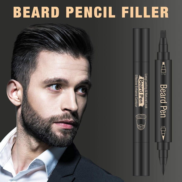 Men's Beard Pencil Waterproof, Beard Pencil and Beard Brush, Long Lasting Coverage, Natural Finish, Male Mustache Shape Repair, Effective Facial Hair Enhancement (Black)